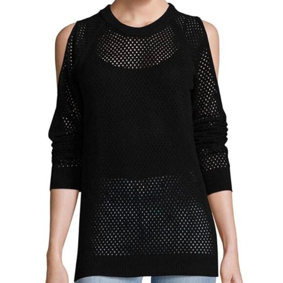 BCBG Womens Open Knit Cold Shoulder Long Sleeve Sweater Black Medium - Picture 1 of 6